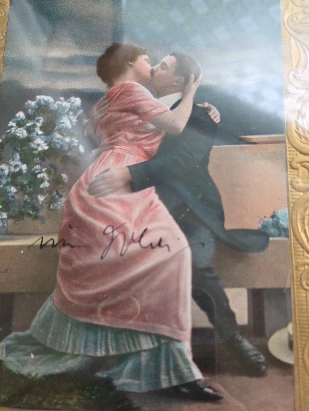 Pewter Ornate  Photo Frame - With 1900s Lovers Postcard